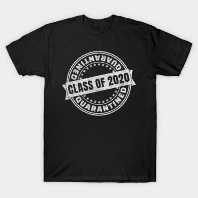 Black "Class of 2020 Quarantined" t-shirt with white graphic design, casual style, cotton material, unisex fit.