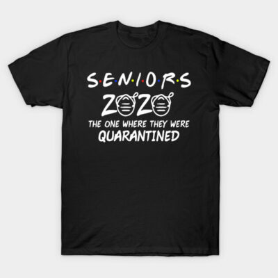 Black "Seniors 2020" quarantine-themed t-shirt with white text and graphics, made of cotton, casual style.