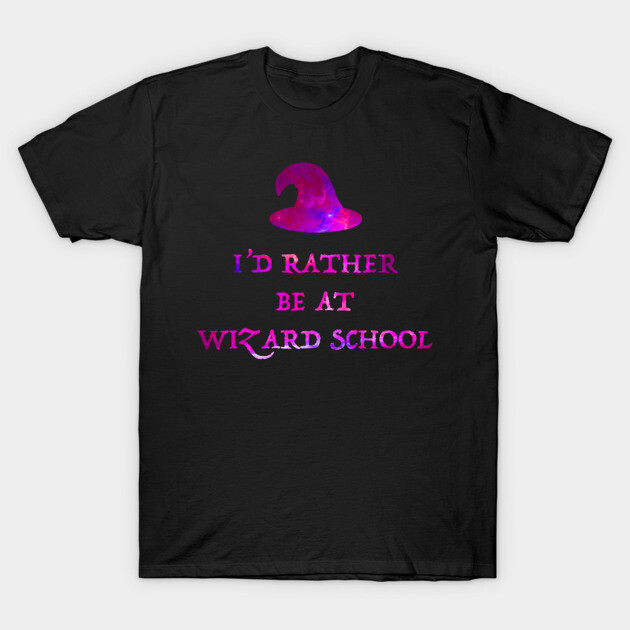 Black t-shirt with purple wizard hat and text "I'd Rather Be at Wizard School," casual wear, fantasy-themed design.