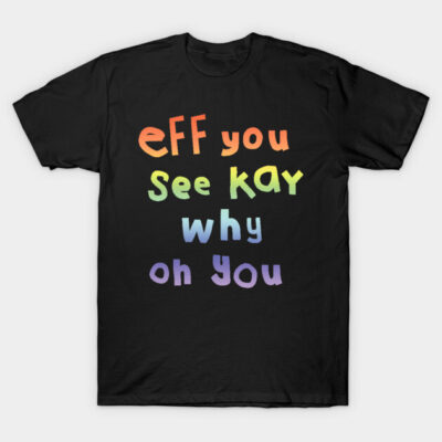 Black cotton T-shirt with colorful text design, casual style, suitable for everyday wear.