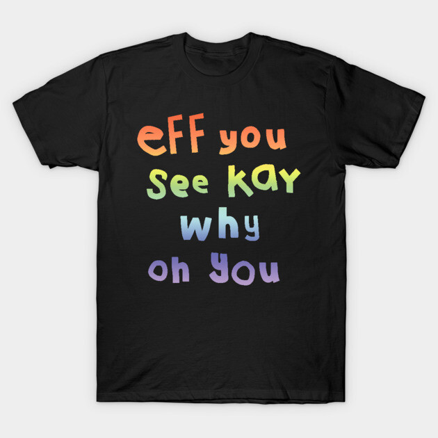 Black cotton T-shirt with colorful text design, casual style, suitable for everyday wear.