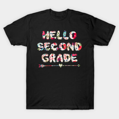 Black "Hello Second Grade" floral graphic t-shirt, casual style, perfect for school or casual wear, cotton material.