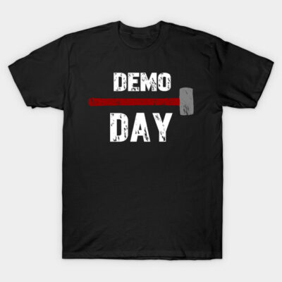 Black "Demo Day" t-shirt with red and gray graphic, casual style, cotton material, perfect for everyday wear.