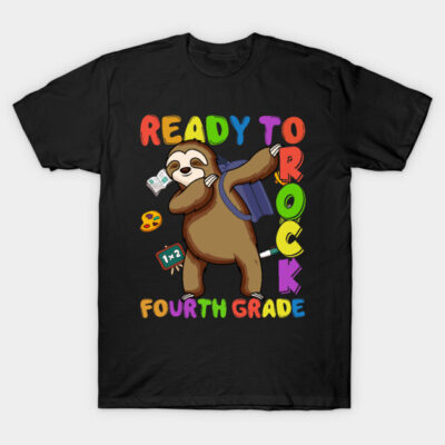 Black t-shirt with colorful "Ready to Rock Fourth Grade" text and sloth graphic, perfect for back-to-school wear.