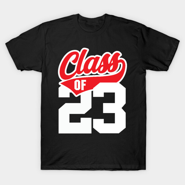 Black "Class of 23" T-shirt with red and white graphic design, ideal for graduation events and casual wear.