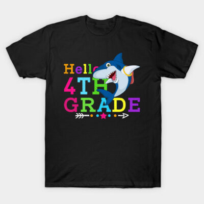 Black t-shirt featuring a colorful "Hello 4th Grade" text with a playful shark graphic, ideal for school events.