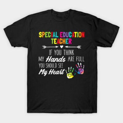 Black t-shirt with colorful "Special Education Teacher" text and handprint design, ideal for educators, cotton material.