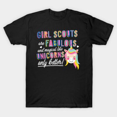 Black T-shirt with colorful "Girl Scouts are fabulous and magical like unicorns" print, casual style.