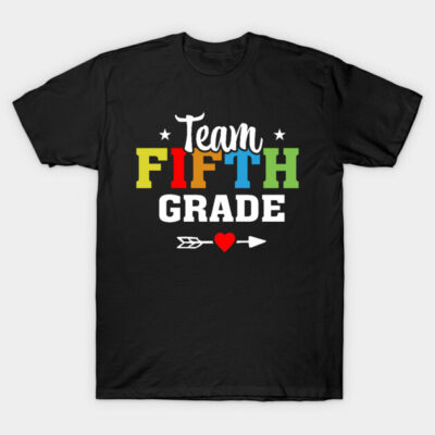 Black "Team Fifth Grade" T-shirt with colorful text, casual style, ideal for school teachers or students. Cotton material.