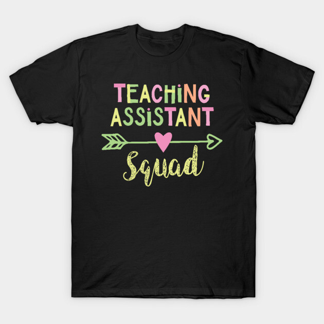 Black "Teaching Assistant Squad" T-shirt with colorful text and heart arrow design, perfect for educational staff.