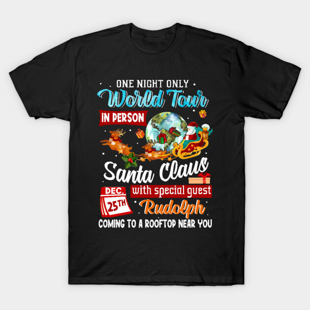 Black Christmas t-shirt with colorful Santa Claus and reindeer design, festive holiday graphic, cotton material.