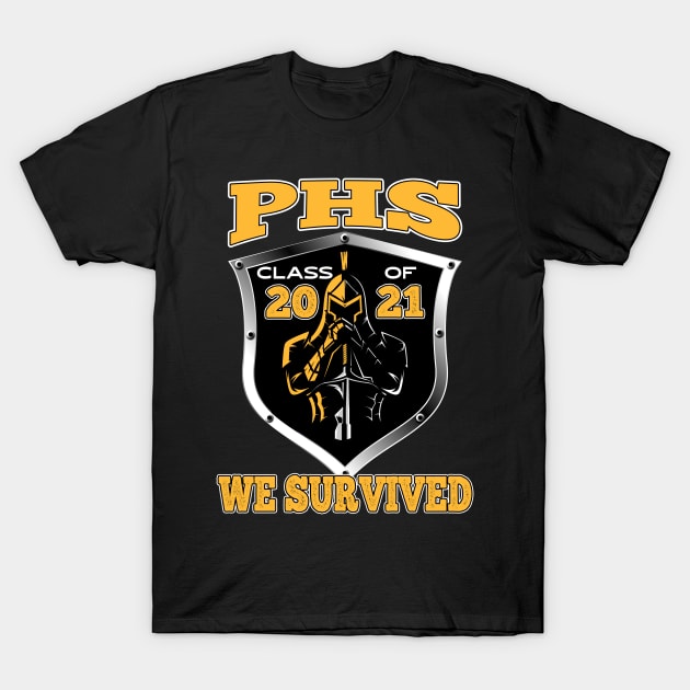 Black PHS Class of 2021 t-shirt with shield design and "We Survived" text, perfect for graduates.