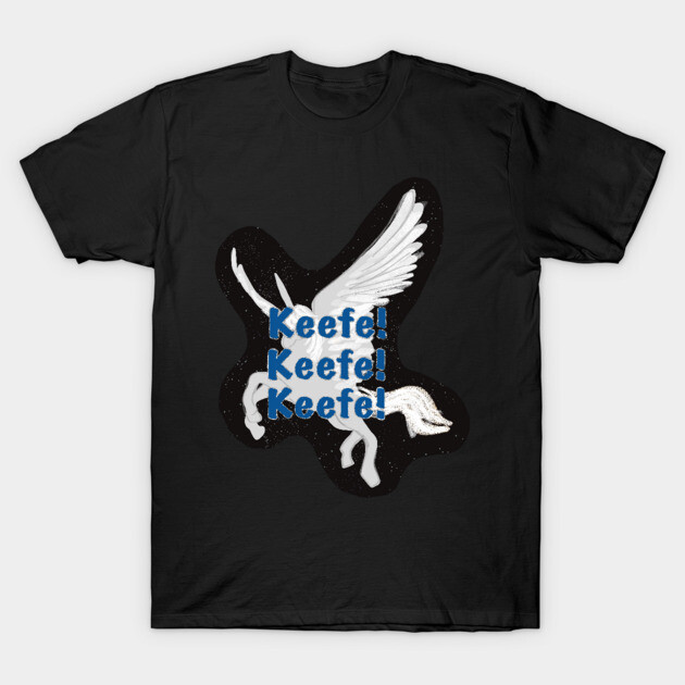 Black t-shirt with white winged horse design and blue text, perfect for casual wear, cotton material, unisex style.