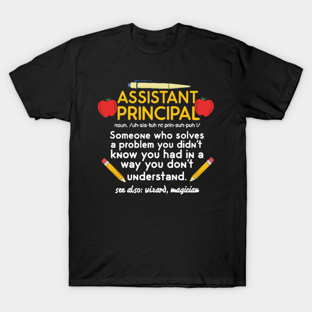 Black "Assistant Principal" t-shirt with colorful text and pencil graphics, ideal for educators, cotton material.