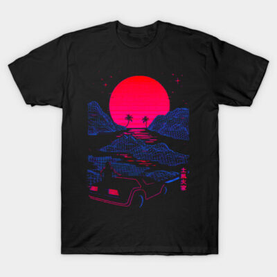 Black retro-inspired t-shirt with neon sunset and car design, ideal for casual wear, soft cotton material.