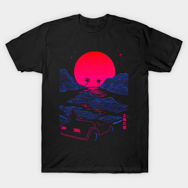 Black retro-inspired t-shirt with neon sunset and car design, ideal for casual wear, soft cotton material.