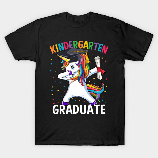 Black T-shirt with colorful "Kindergarten Graduate" text and unicorn graphic, ideal for graduation celebrations.