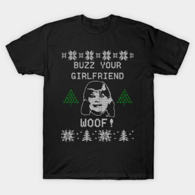 Black novelty Christmas sweater-style t-shirt with humorous text and festive graphic design.