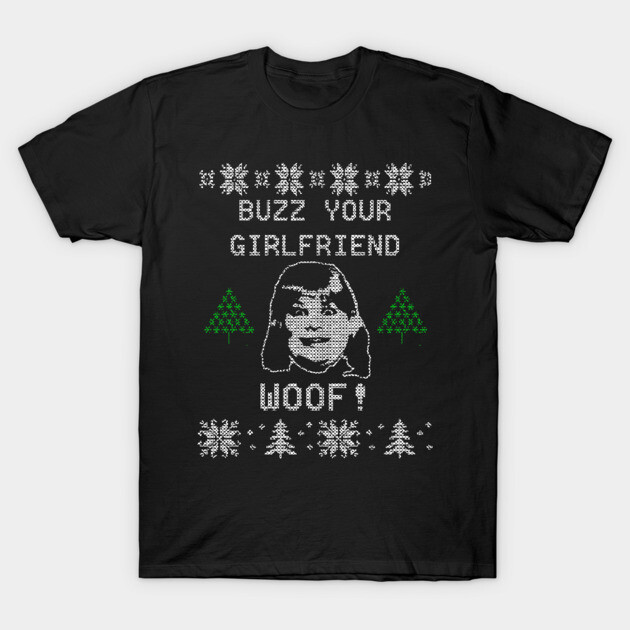 Black novelty Christmas sweater-style t-shirt with humorous text and festive graphic design.
