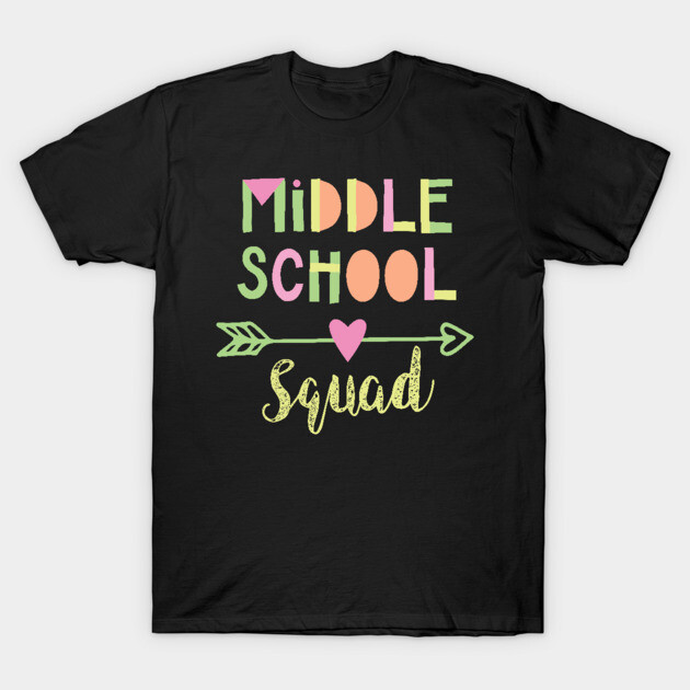 Black "Middle School Squad" t-shirt with colorful text and arrow design, casual wear, cotton material.