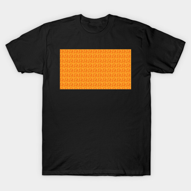 Black cotton t-shirt with vibrant orange geometric pattern, casual style, ideal for everyday wear.