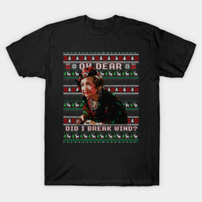 Black novelty Christmas t-shirt featuring festive design and humorous text, ideal for holiday parties and casual wear.