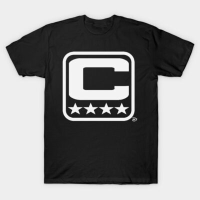 Black t-shirt with bold "C" and stars design, casual style, cotton fabric, suitable for everyday wear.
