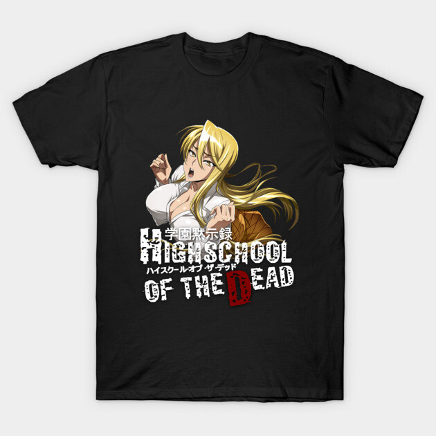 Black anime-themed T-shirt featuring "Highschool of the Dead" graphic design, cotton material, casual wear.