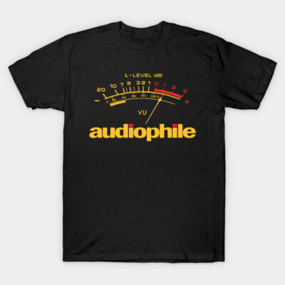 Black t-shirt with "audiophile" design in yellow and red, featuring a vintage audio level meter graphic.