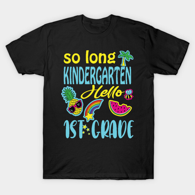 Black t-shirt with colorful "So Long Kindergarten, Hello 1st Grade" text and fun graphics, perfect for school transition.