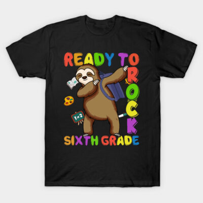 Black t-shirt with colorful "Ready to Rock Sixth Grade" text and sloth graphic, perfect for back-to-school.
