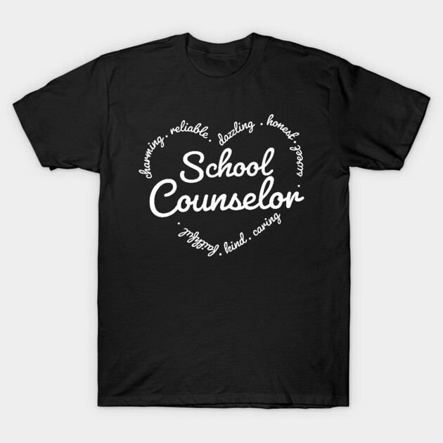 Black "School Counselor" t-shirt with white text, casual style, suitable for educators, made of soft cotton material.