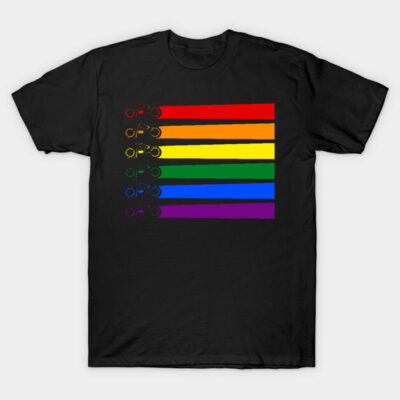 Black t-shirt with rainbow stripes and bicycle design, casual style, unisex cotton material, perfect for everyday wear.