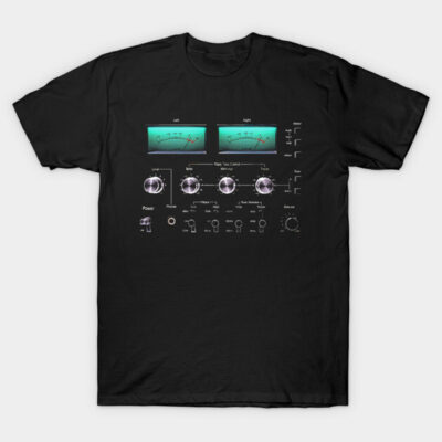 Black T-shirt with vintage audio control panel graphic, casual wear, soft cotton material, unisex design.