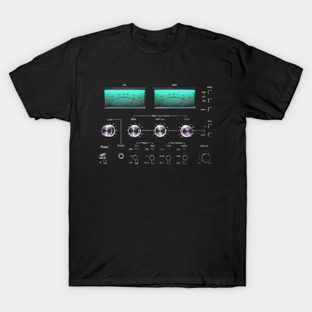 Black T-shirt with vintage audio control panel graphic, casual wear, soft cotton material, unisex design.