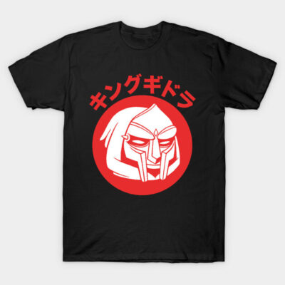 Black t-shirt with red graphic design featuring stylized face and Japanese text, perfect for casual wear.