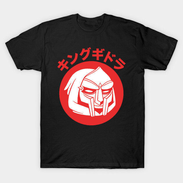 Black t-shirt with red graphic design featuring stylized face and Japanese text, perfect for casual wear.