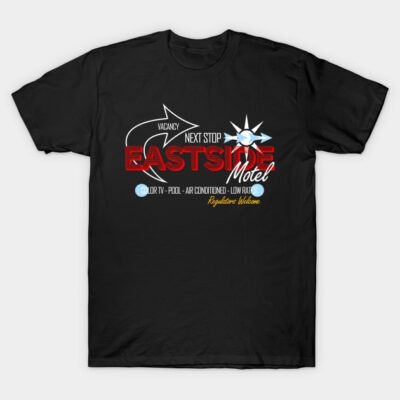 Black cotton t-shirt with "Eastside Motel" retro graphic design, casual style, perfect for everyday wear.