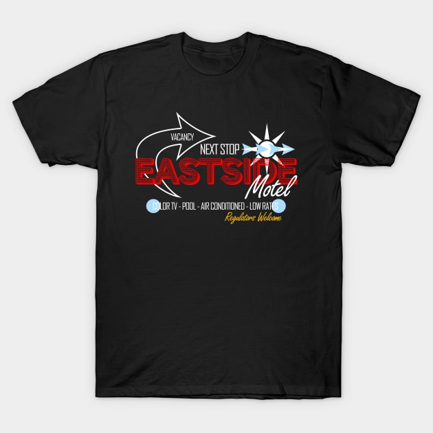 Black cotton t-shirt with "Eastside Motel" retro graphic design, casual style, perfect for everyday wear.