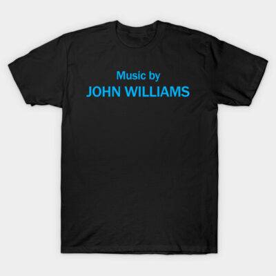 Black cotton t-shirt with blue "Music by John Williams" text, casual style, perfect for fans and everyday wear.