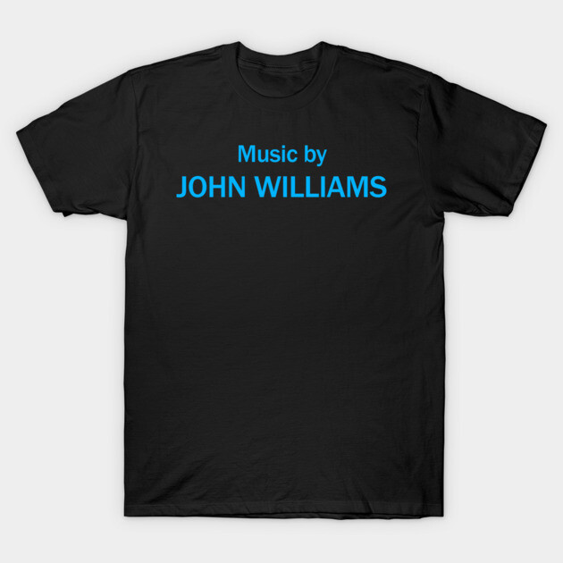 Black cotton t-shirt with blue "Music by John Williams" text, casual style, perfect for fans and everyday wear.