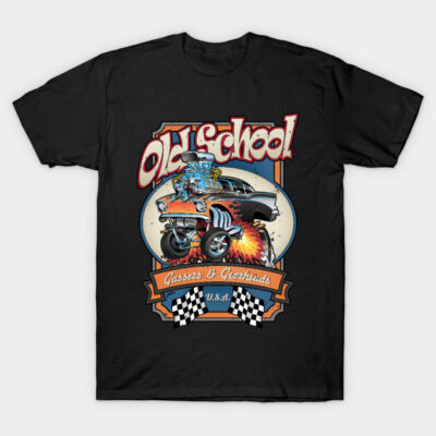 Black "Old School" graphic tee with vintage car design, perfect for casual wear, cotton material, retro style.