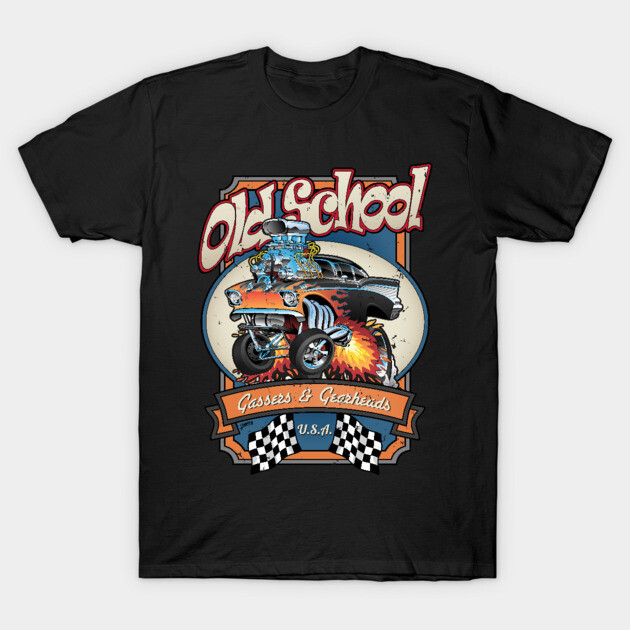 Black "Old School" graphic tee with vintage car design, perfect for casual wear, cotton material, retro style.