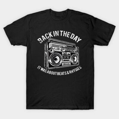 Black retro boombox graphic t-shirt with "Back in the Day" text, casual style, cotton material, unisex design.