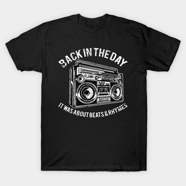 Black retro boombox graphic t-shirt with "Back in the Day" text, casual style, cotton material, unisex design.