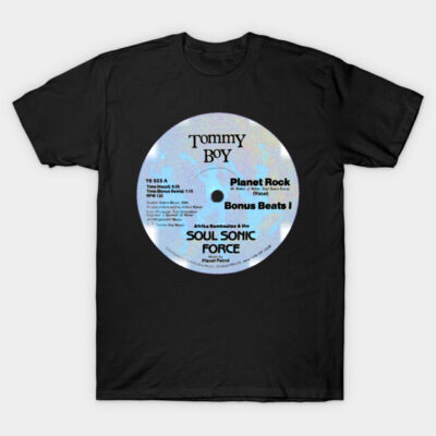 Black t-shirt featuring retro vinyl record design, casual style, ideal for music lovers, made from soft cotton.