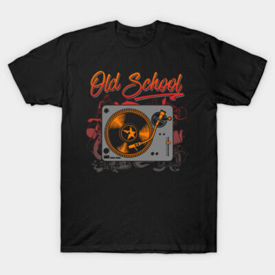 Black "Old School" graphic tee with vintage turntable design, perfect for music lovers, 100% cotton, unisex style.