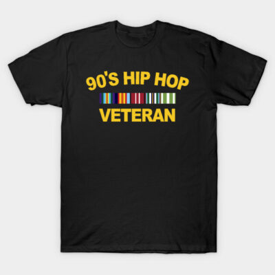 Black 90's Hip Hop Veteran T-shirt, colorful stripes design, casual cotton apparel for fans of retro music style.