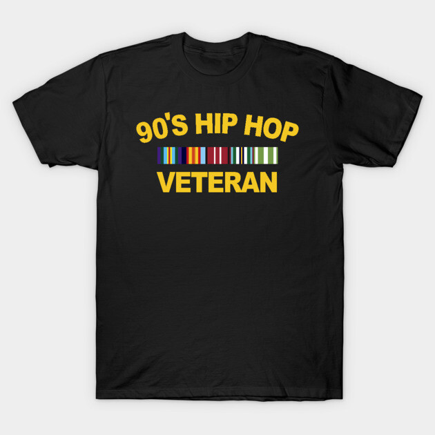 Black 90's Hip Hop Veteran T-shirt, colorful stripes design, casual cotton apparel for fans of retro music style.