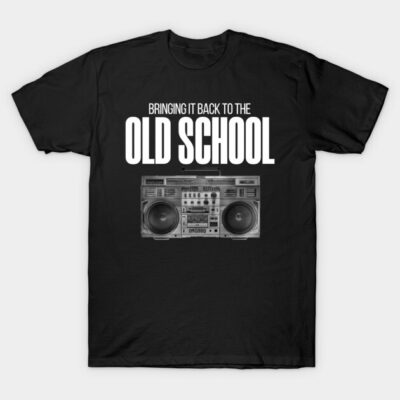 Black t-shirt with "Old School" text and boombox graphic, perfect for retro style enthusiasts. Cotton material.